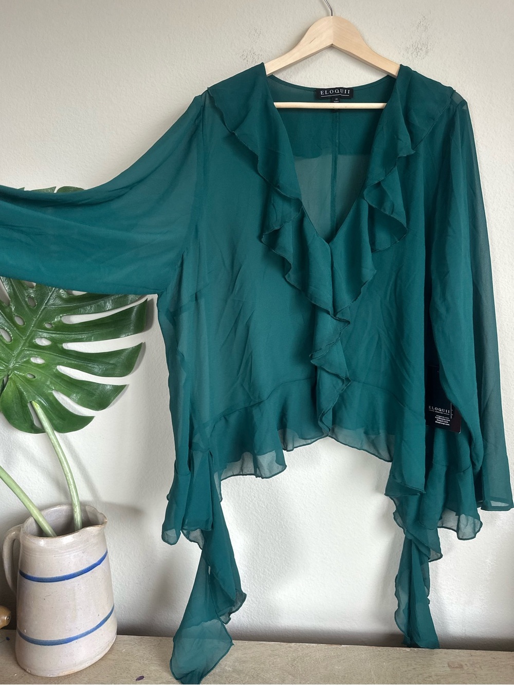 NWT Eloquii Ruffle Sheer Green Blouse - Picture 8 of 11